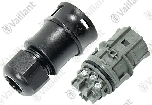 Vaillant Stecker mit Hülse, bestehend aus einem schwarzen Anschluss und einem grauen Verbindungselement mit Schraubklemmen. Geeignet für elektrische Verbindungen.